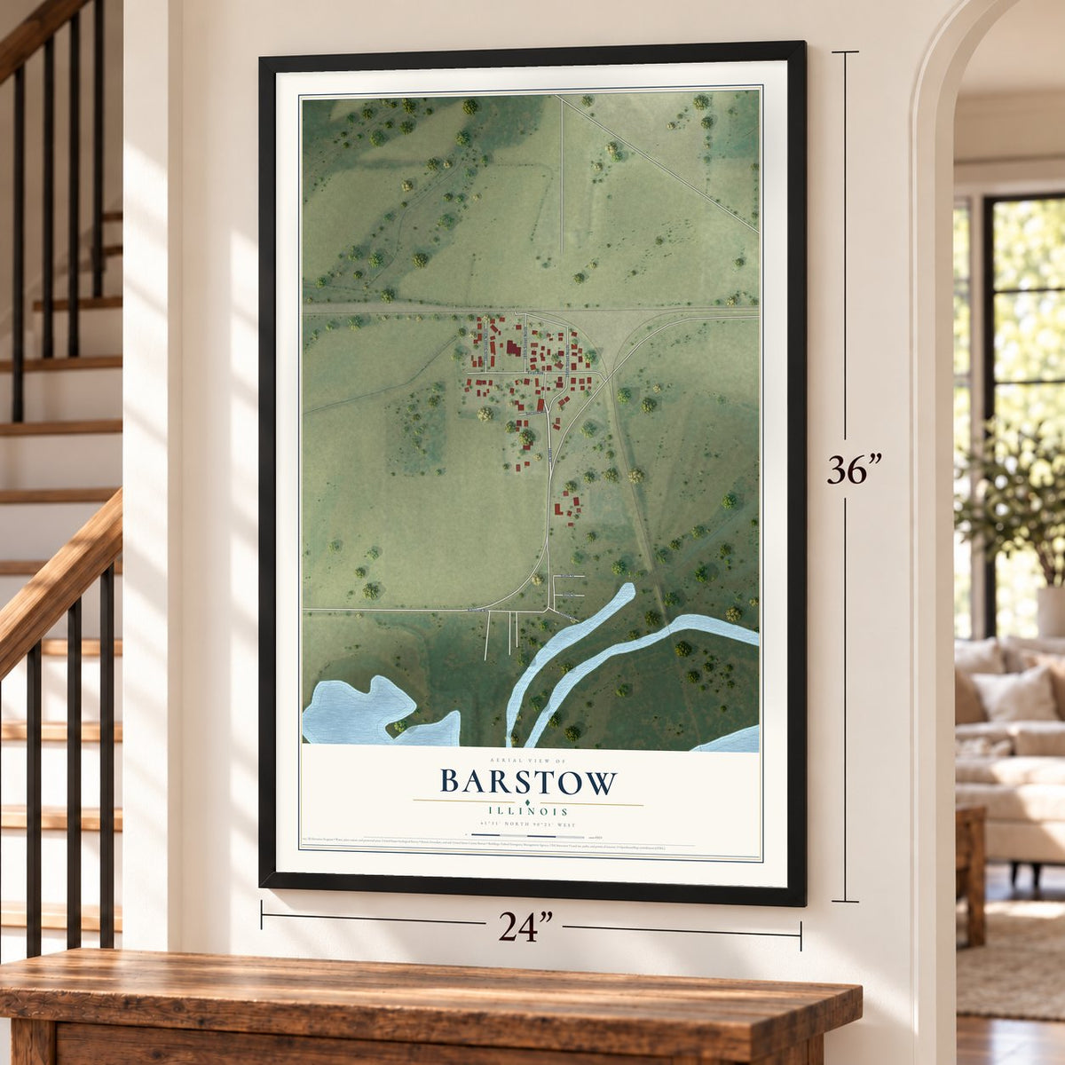 Barstow, Illinois map, 24 x 36 inch print in a black frame by a staircase