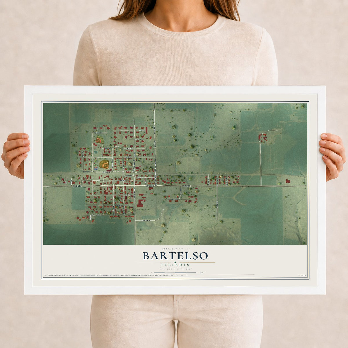 Map of Bartelso, Illinois, 12 x 18 inch print in a white wood frame
