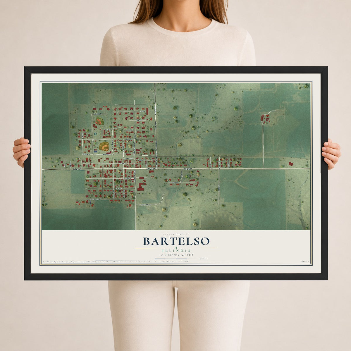 Map of Bartelso, Illinois, 24 x 36 inch print in a black wood frame