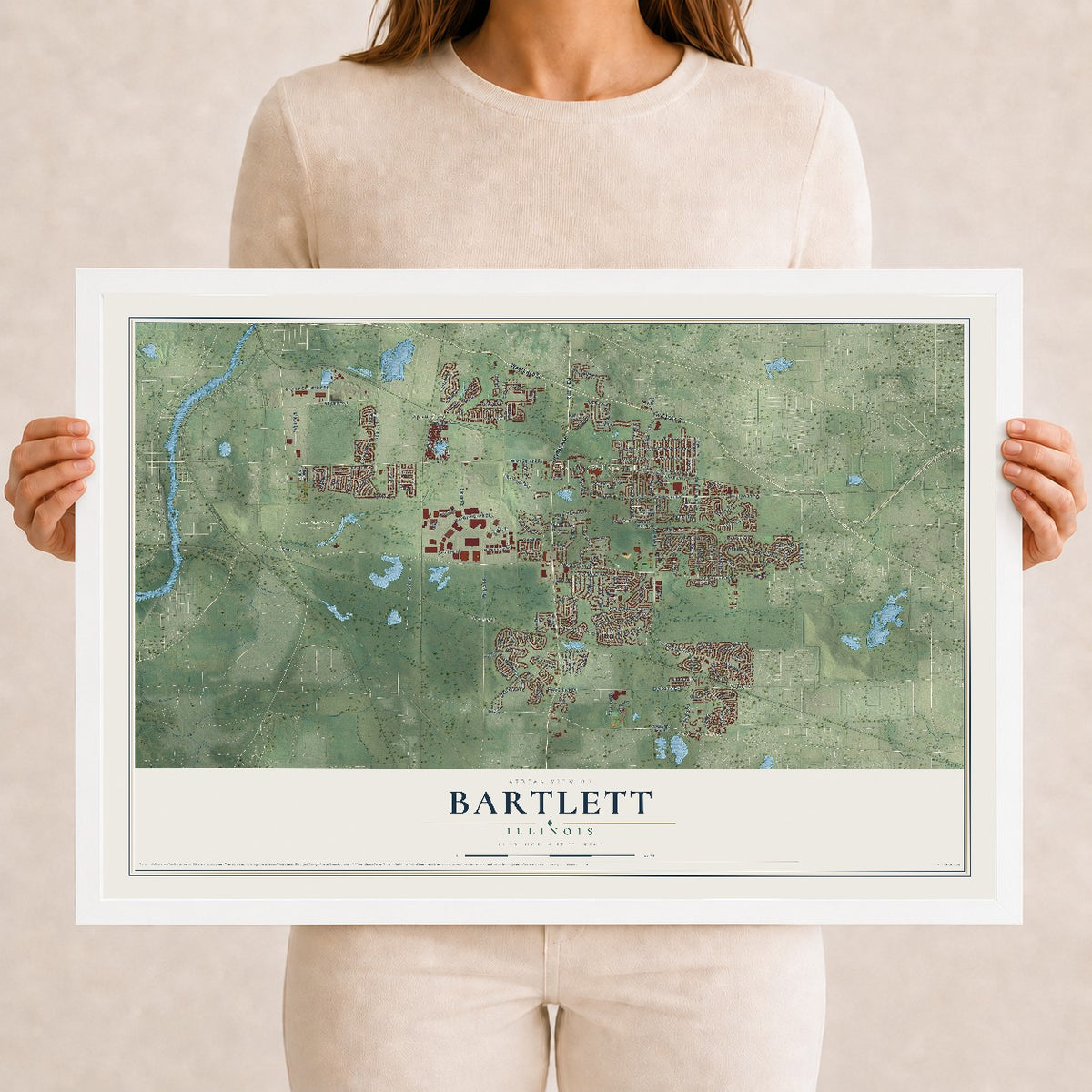 Map of Bartlett, Illinois, 12 x 18 inch print in a white wood frame