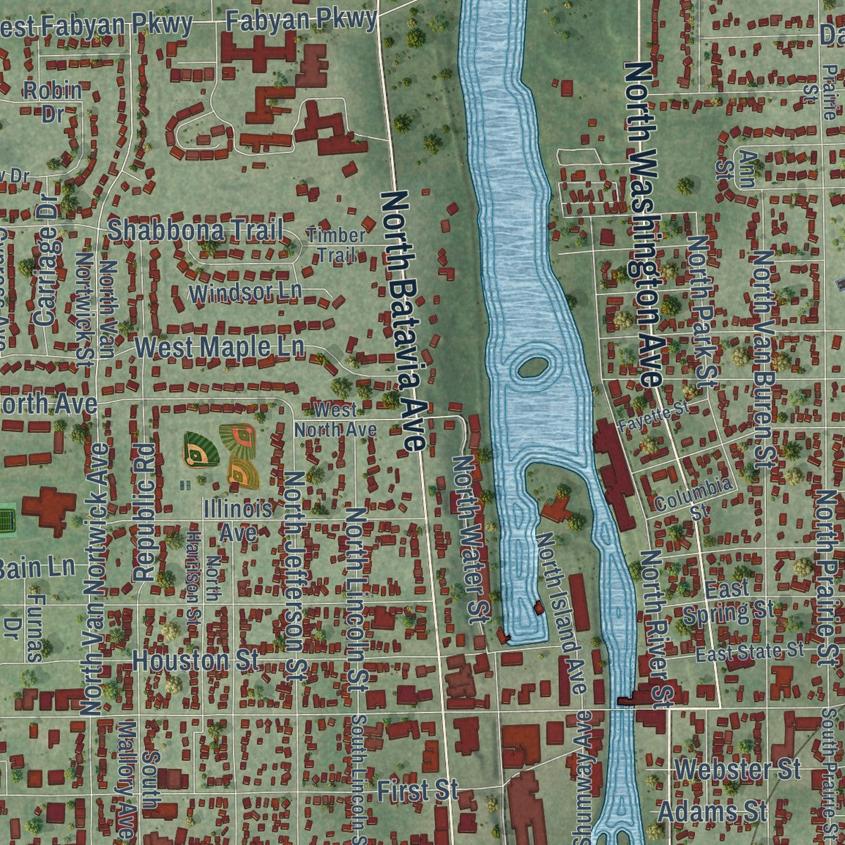 Close-up of the map of Batavia, Illinois print showing street and building detail