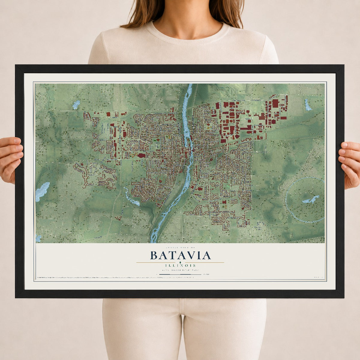 Map of Batavia, Illinois, 18 x 24 inch print in a black wood frame