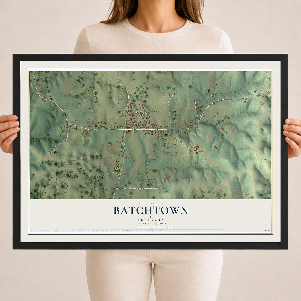 Map of Batchtown, Illinois, 18 x 24 inch print in a black wood frame