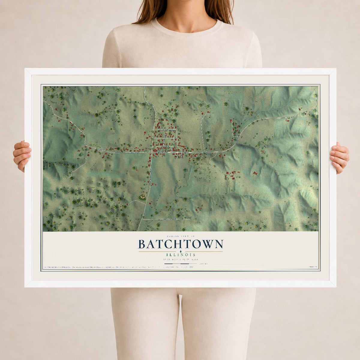 Map of Batchtown, Illinois, 24 x 36 inch print in a white wood frame