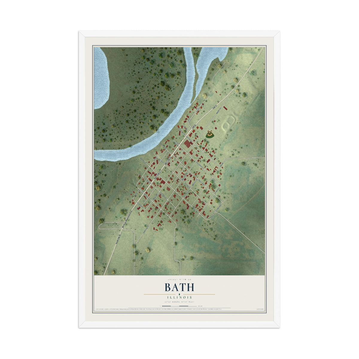 Map of Bath, Illinois, 12 x 18 inch print in a white wood frame