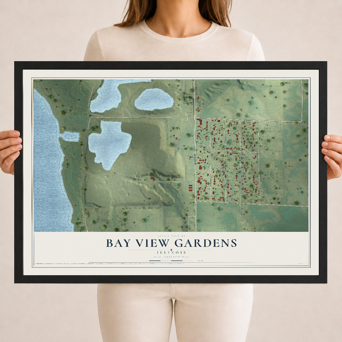 Map of Bay View Gardens, Illinois, 18 x 24 inch print in a black wood frame