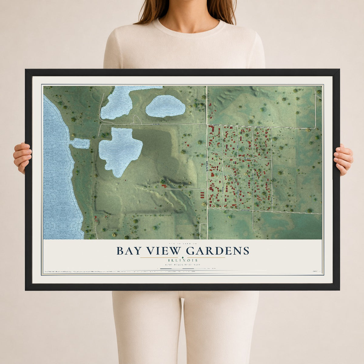 Map of Bay View Gardens, Illinois, 24 x 36 inch print in a black wood frame