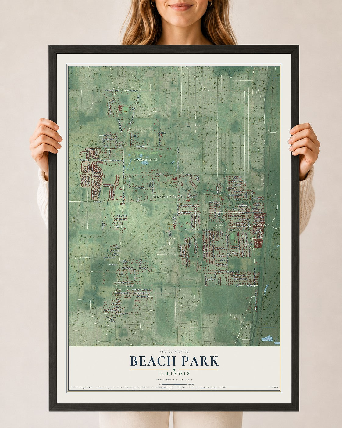Map of Beach Park, Illinois, 24 x 36 inch print in a black wood frame
