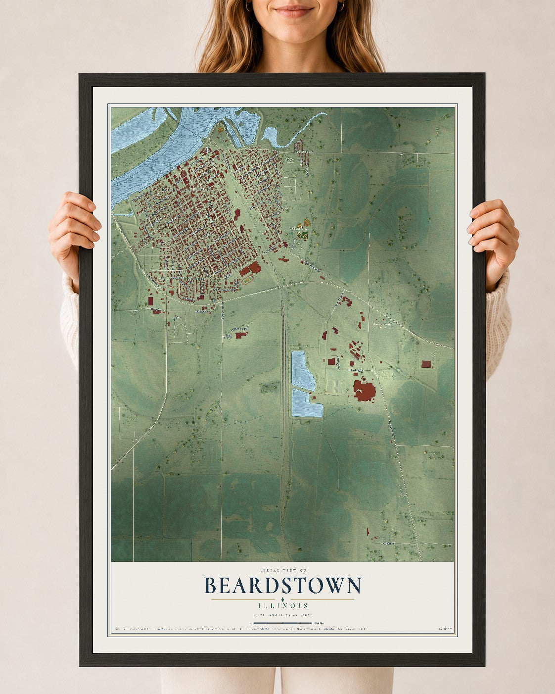 Map of Beardstown, Illinois, 24 x 36 inch print in a black wood frame