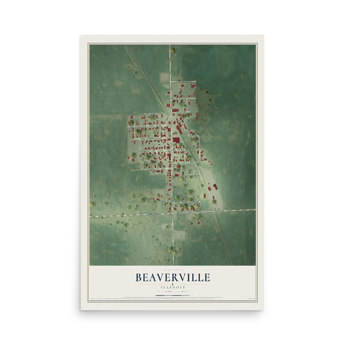 Map of Beaverville, Illinois, 12 x 18 inch unframed archival matte print