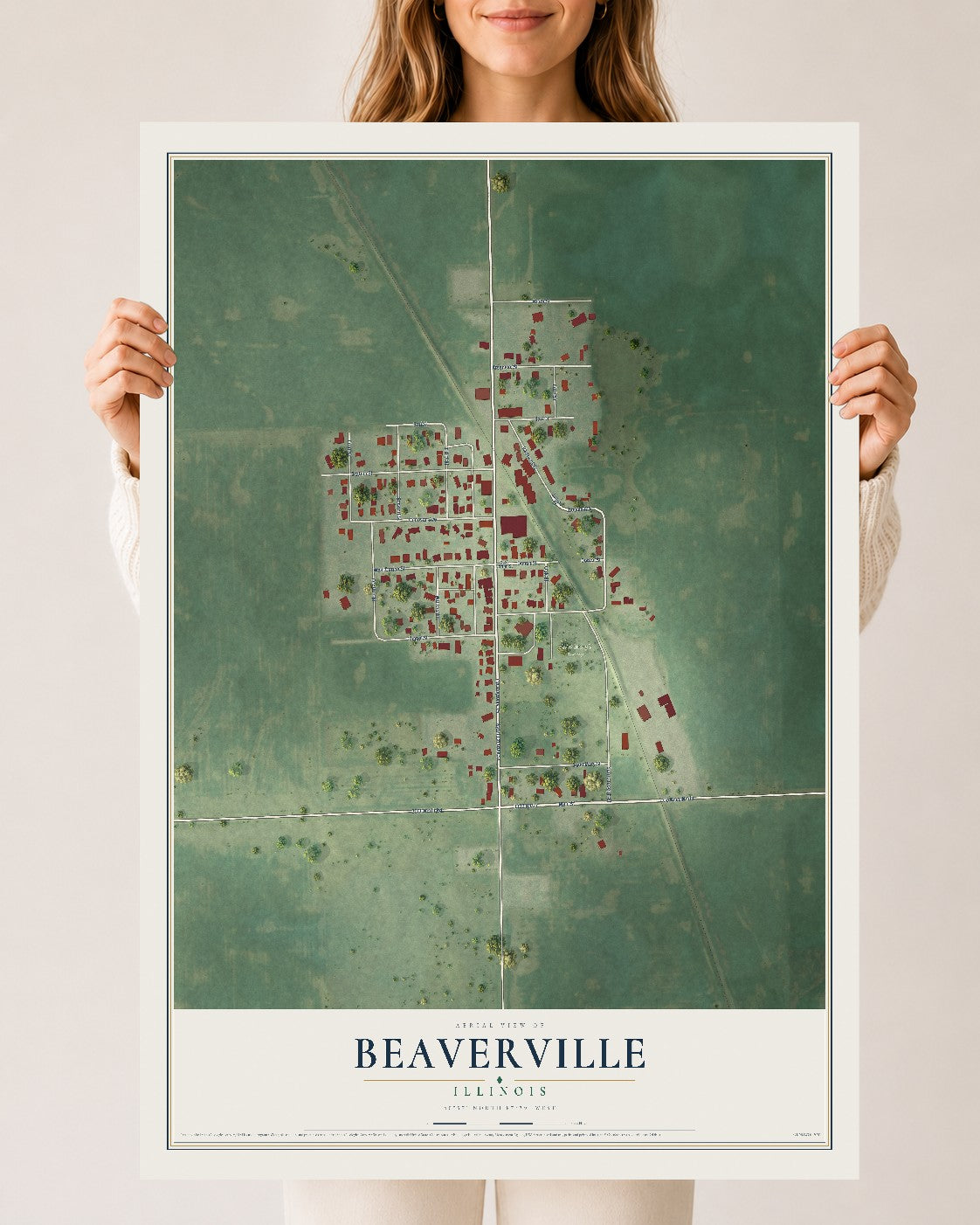 Map of Beaverville, Illinois, 24 x 36 inch unframed archival matte print