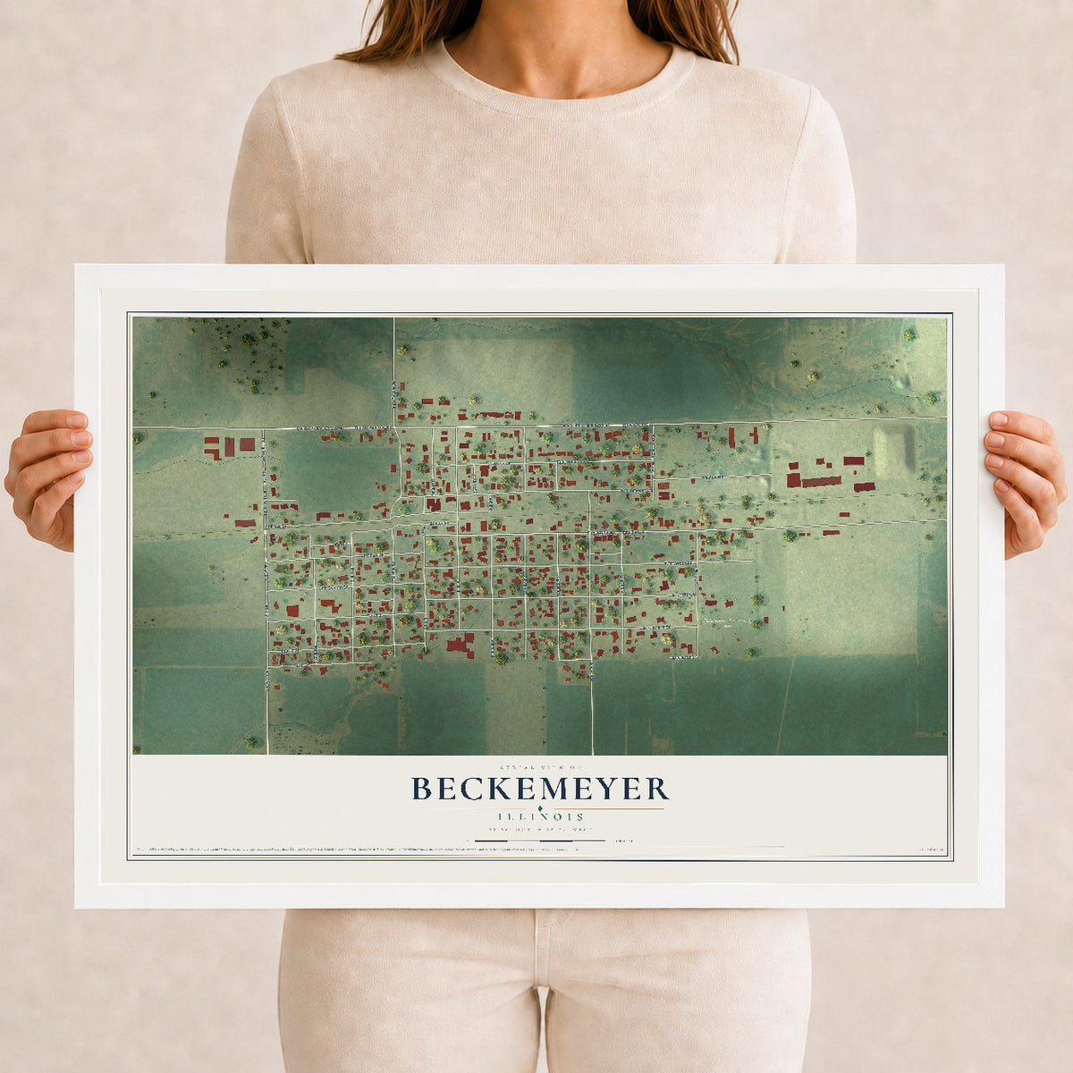Map of Beckemeyer, Illinois, 12 x 18 inch print in a white wood frame