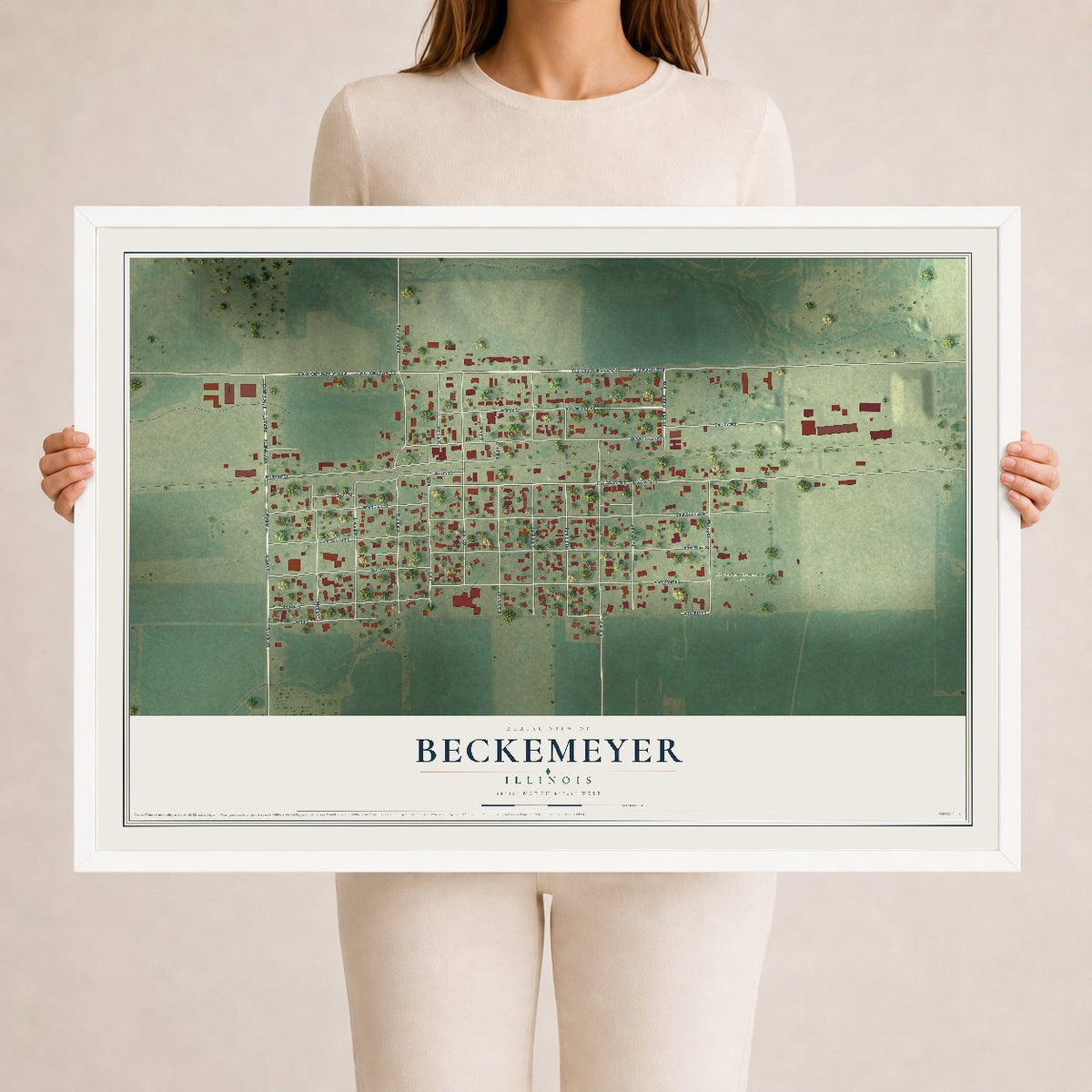 Map of Beckemeyer, Illinois, 24 x 36 inch print in a white wood frame
