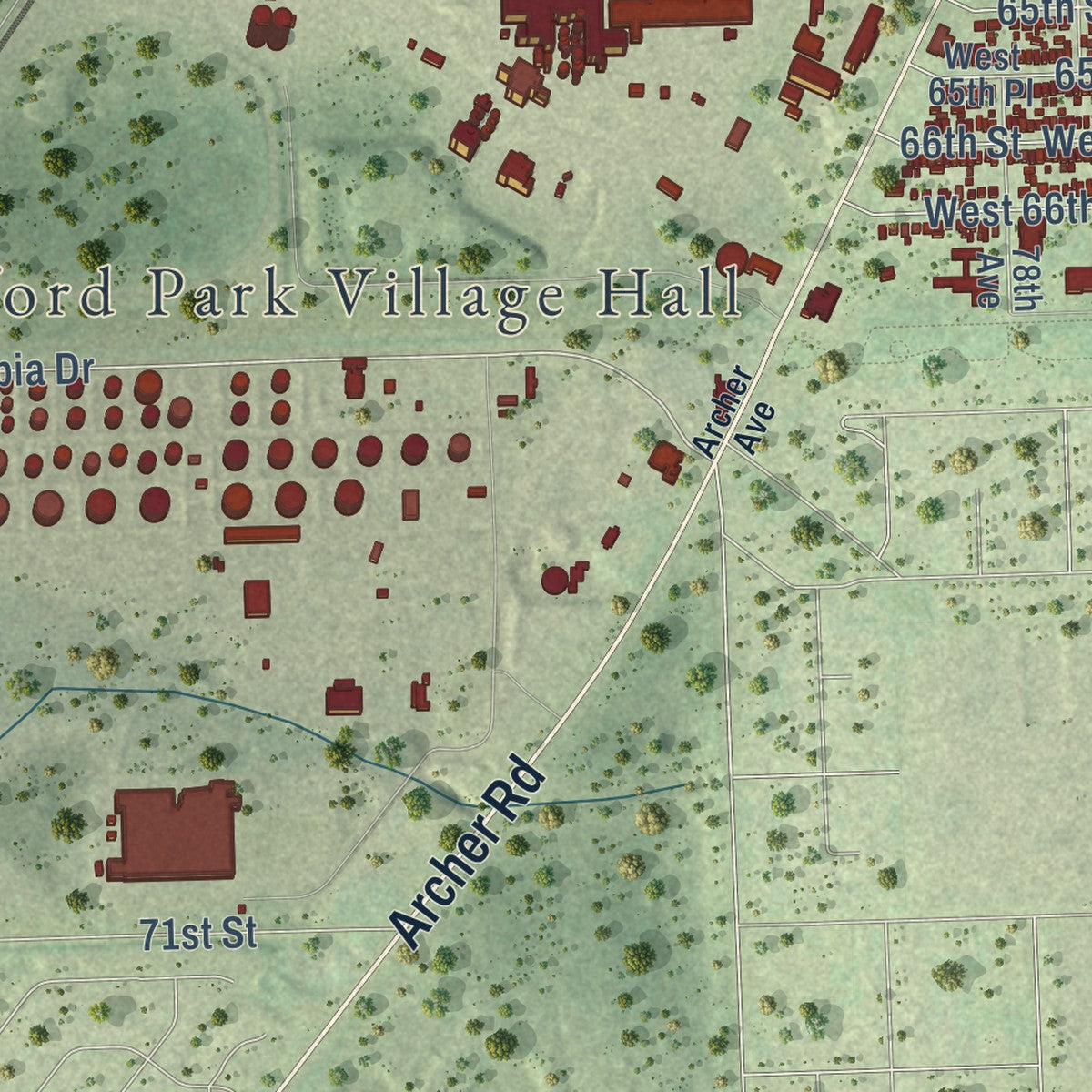 Close-up of the map of Bedford Park, Illinois print showing street and building detail