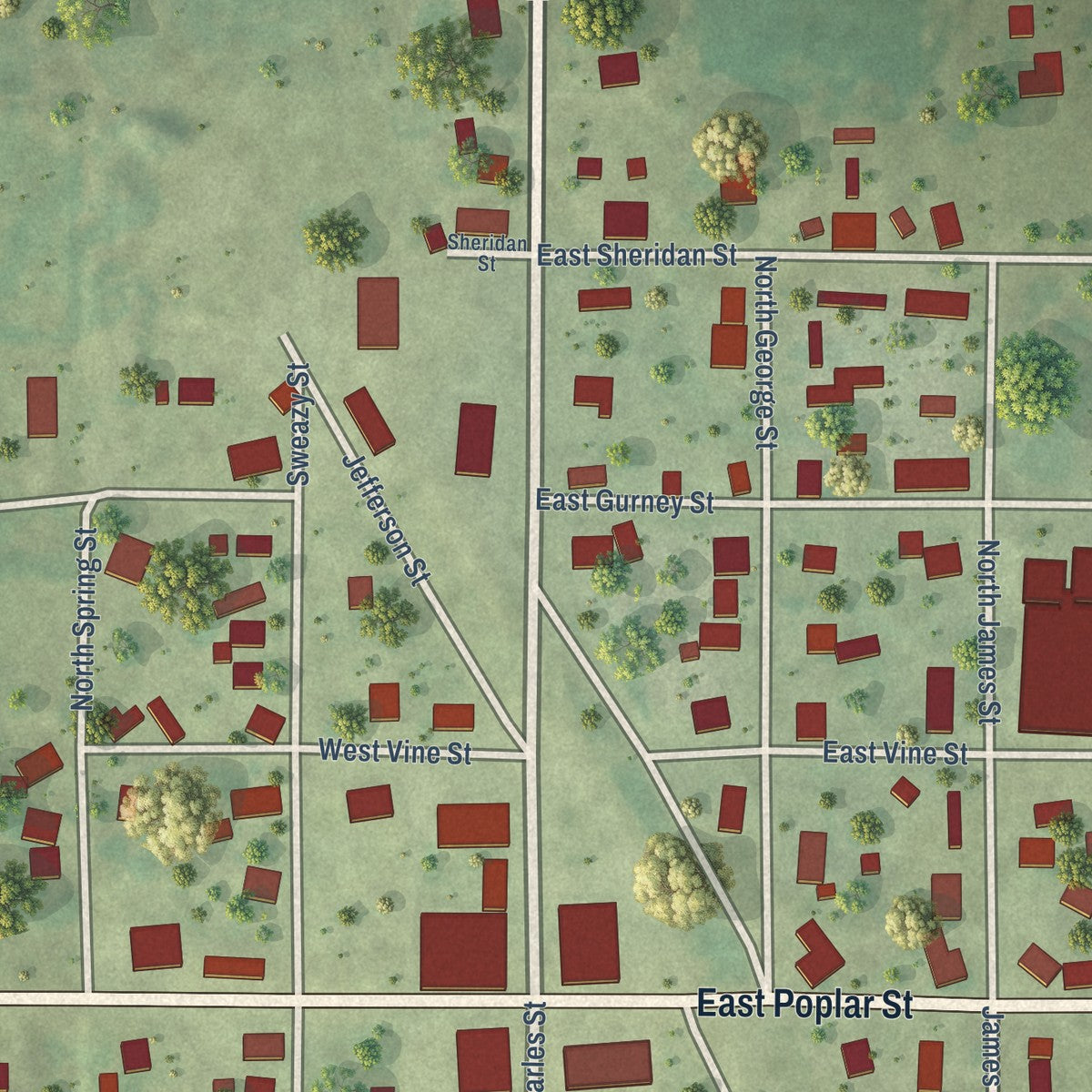 Close-up of the map of Beecher City, Illinois print showing street and building detail