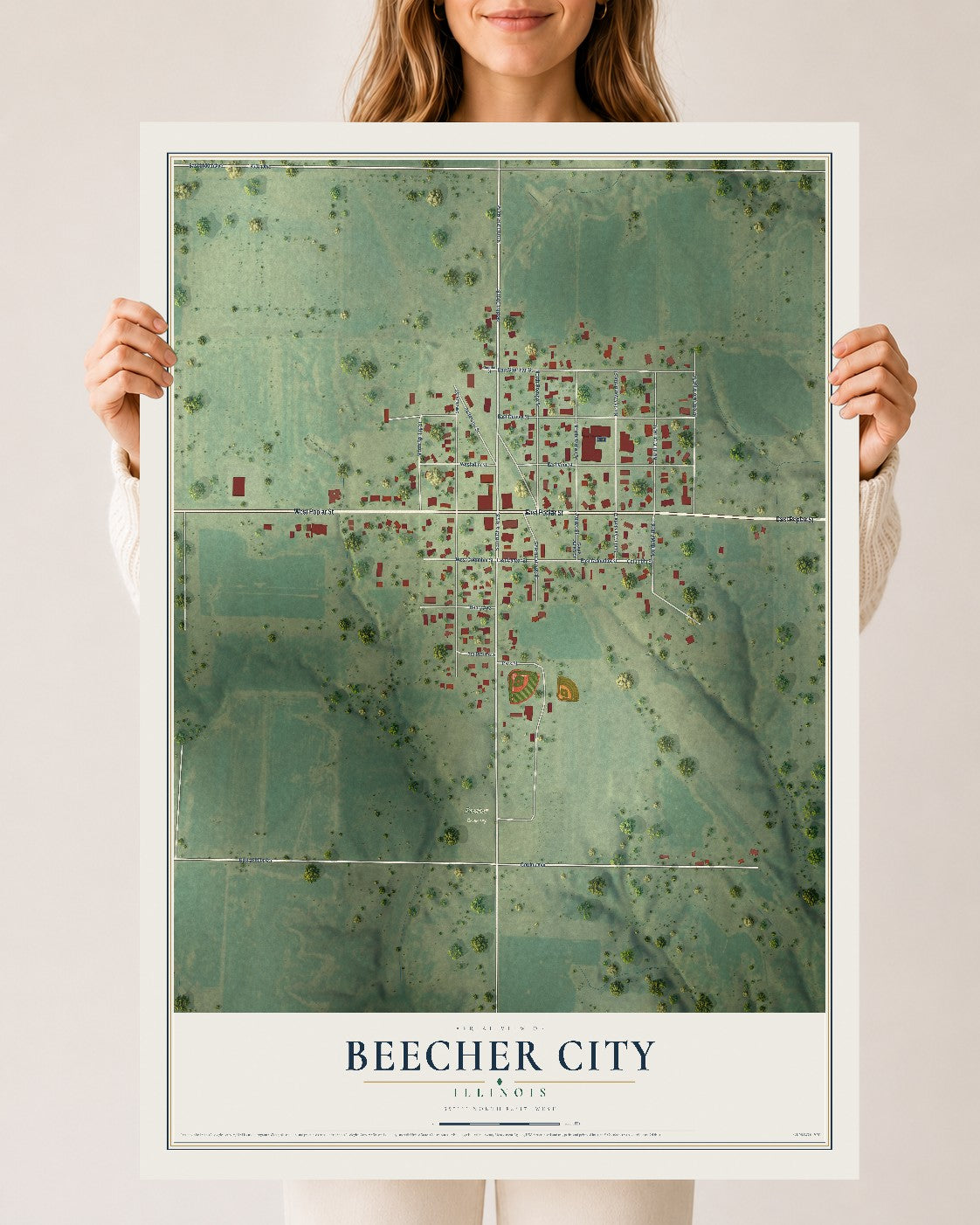 Map of Beecher City, Illinois, 24 x 36 inch unframed archival matte print