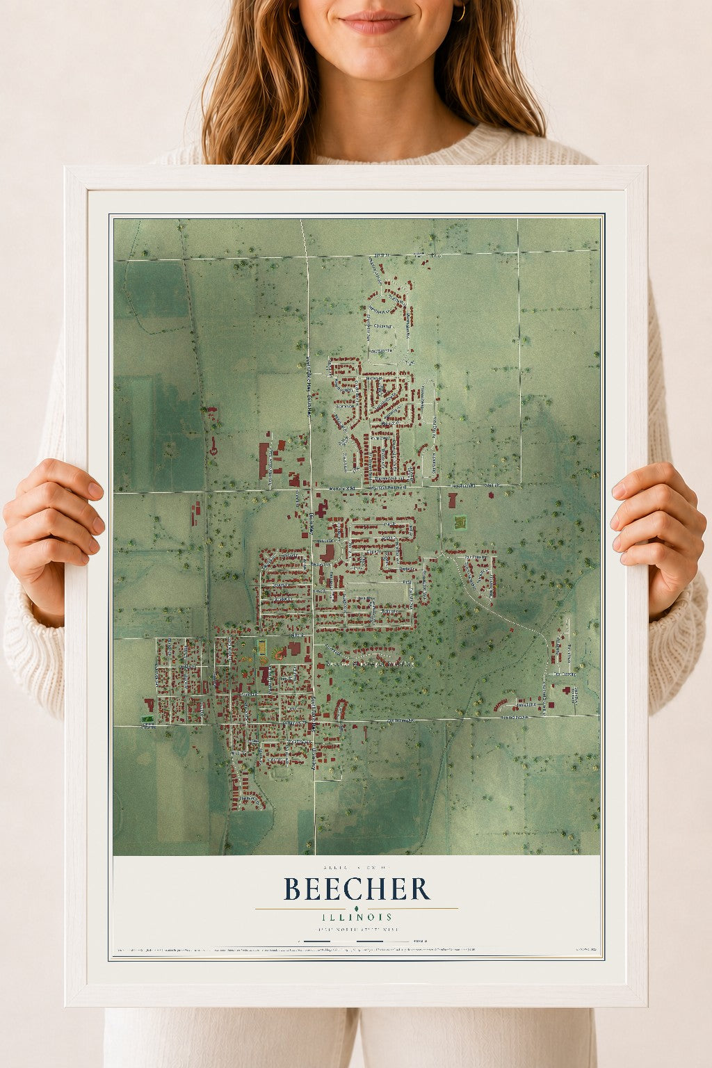 Map of Beecher, Illinois, 18 x 24 inch print in a white wood frame