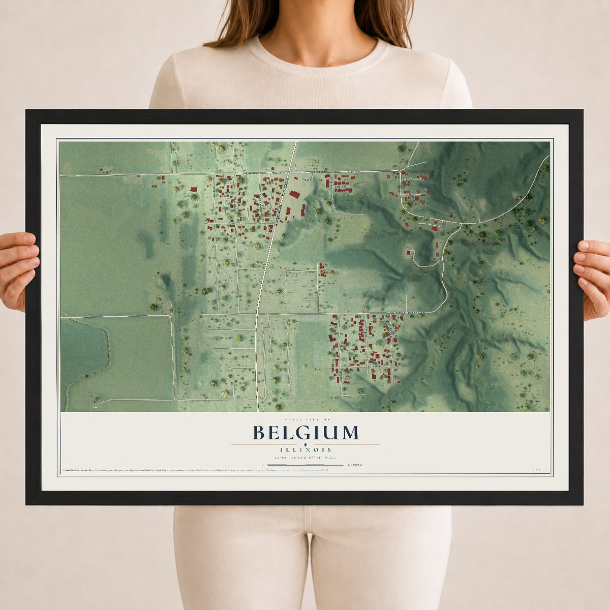 Map of Belgium, Illinois, 18 x 24 inch print in a black wood frame