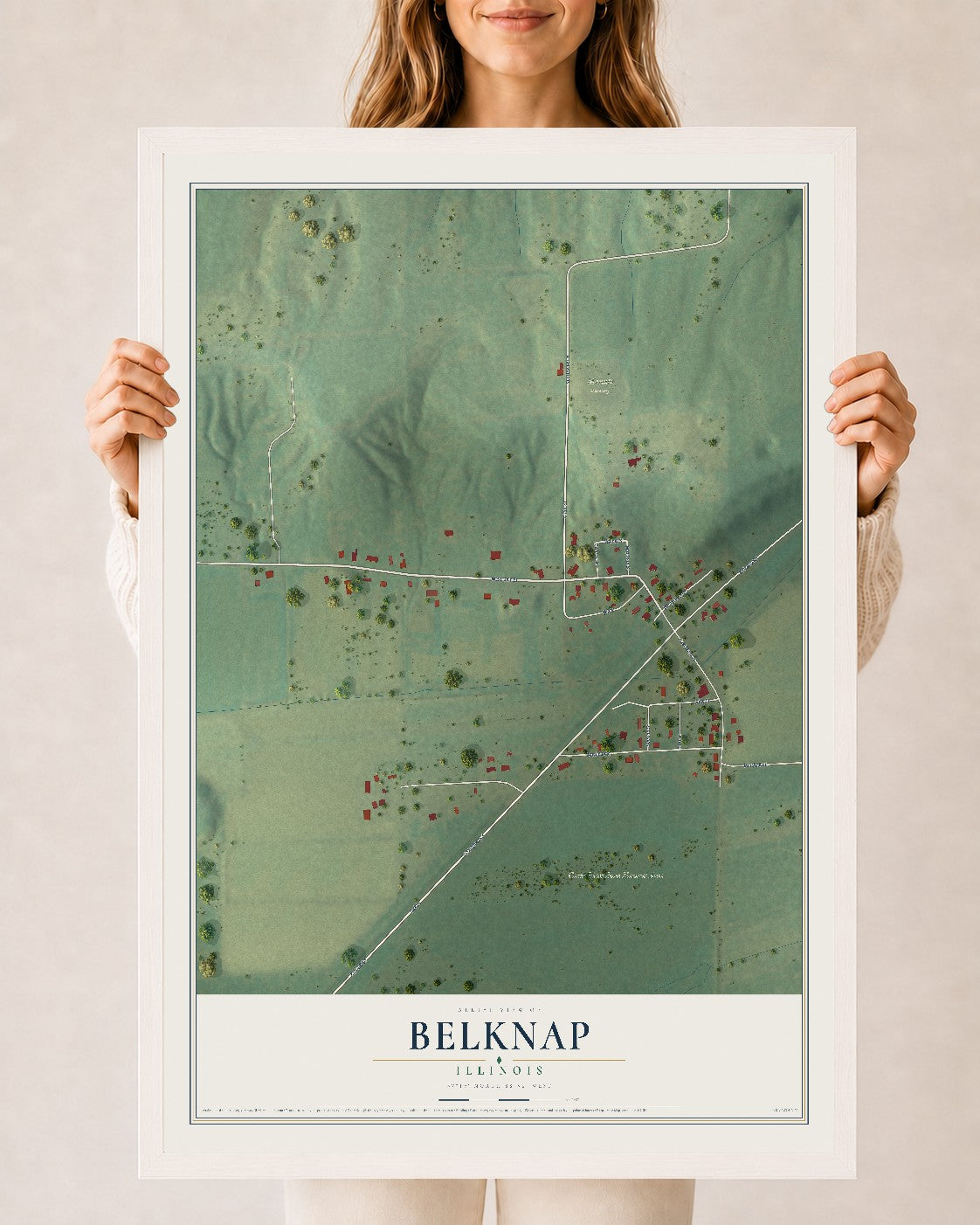 Map of Belknap, Illinois, 24 x 36 inch print in a white wood frame