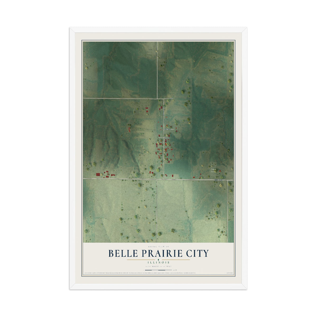 Map of Belle Prairie City, Illinois, 12 x 18 inch print in a white wood frame