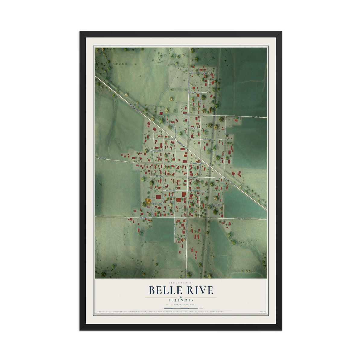 Map of Belle Rive, Illinois, 12 x 18 inch print in a black wood frame
