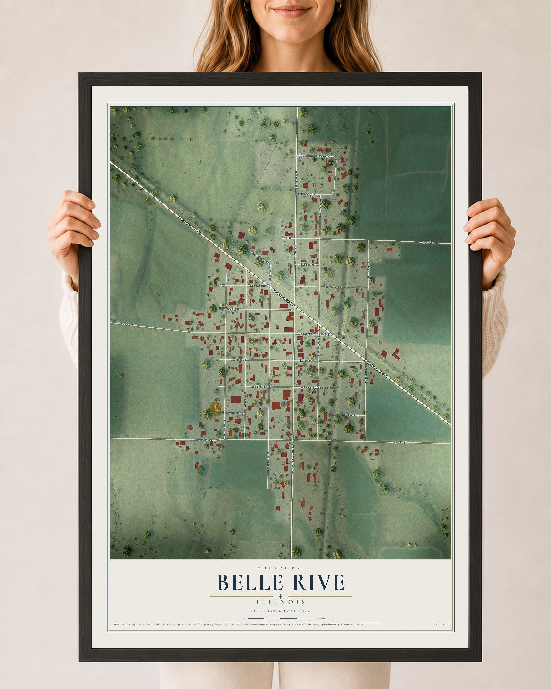 Map of Belle Rive, Illinois, 24 x 36 inch print in a black wood frame