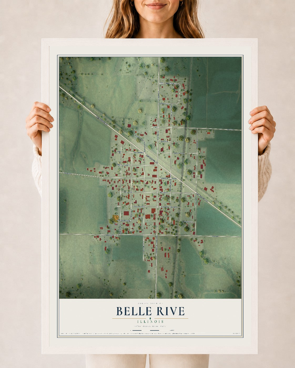Map of Belle Rive, Illinois, 24 x 36 inch print in a white wood frame