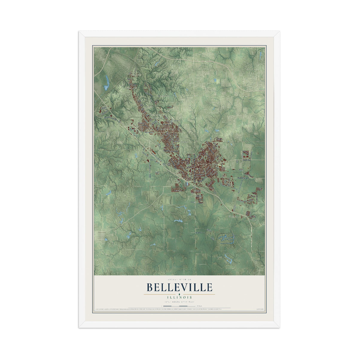 Map of Belleville, Illinois, 12 x 18 inch print in a white wood frame