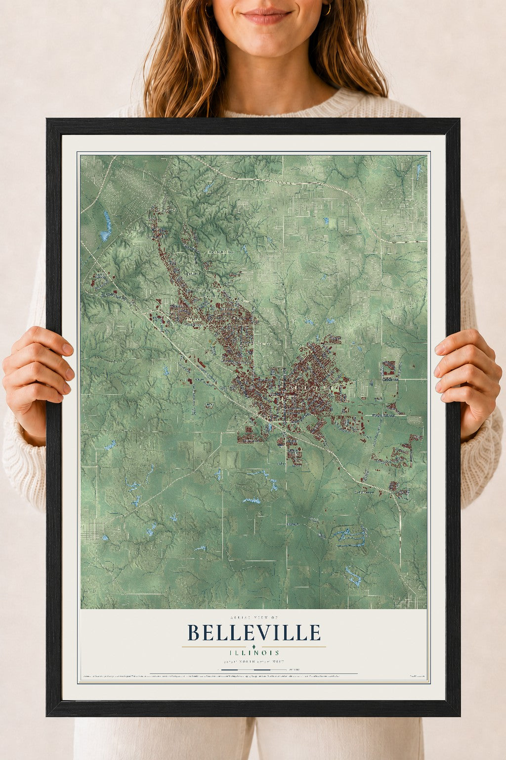 Map of Belleville, Illinois, 18 x 24 inch print in a black wood frame