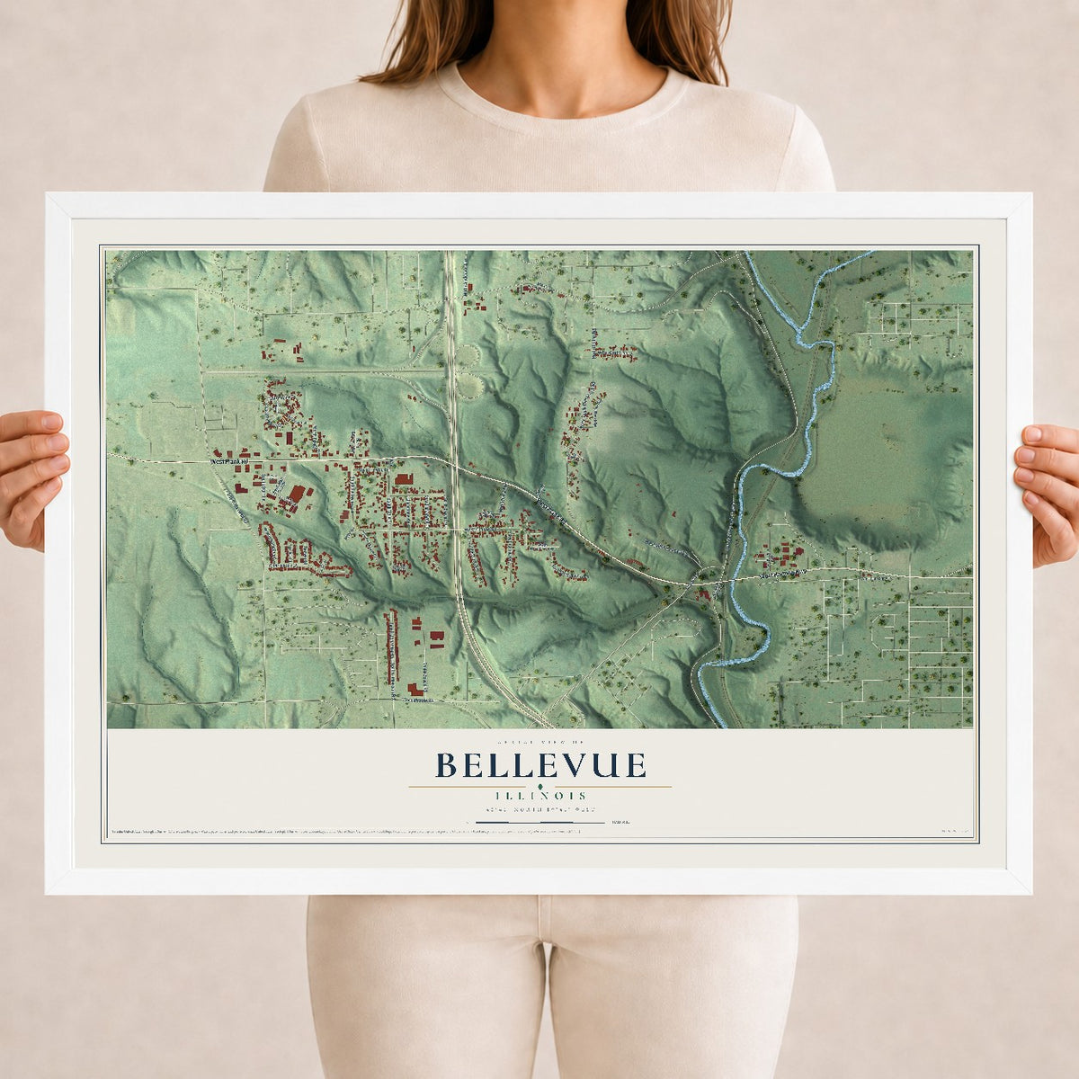 Map of Bellevue, Illinois, 18 x 24 inch print in a white wood frame