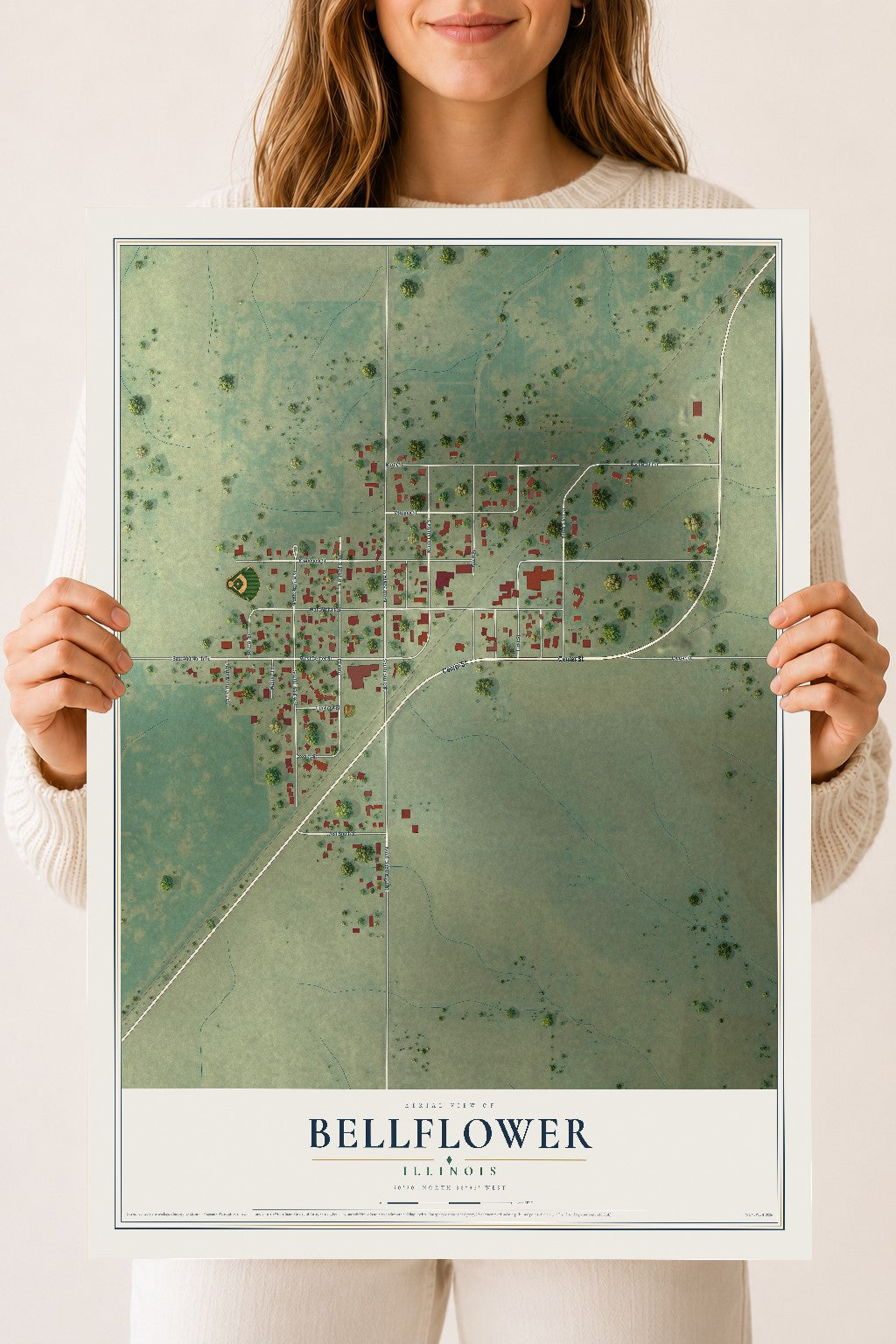 Map of Bellflower, Illinois, 18 x 24 inch unframed archival matte print