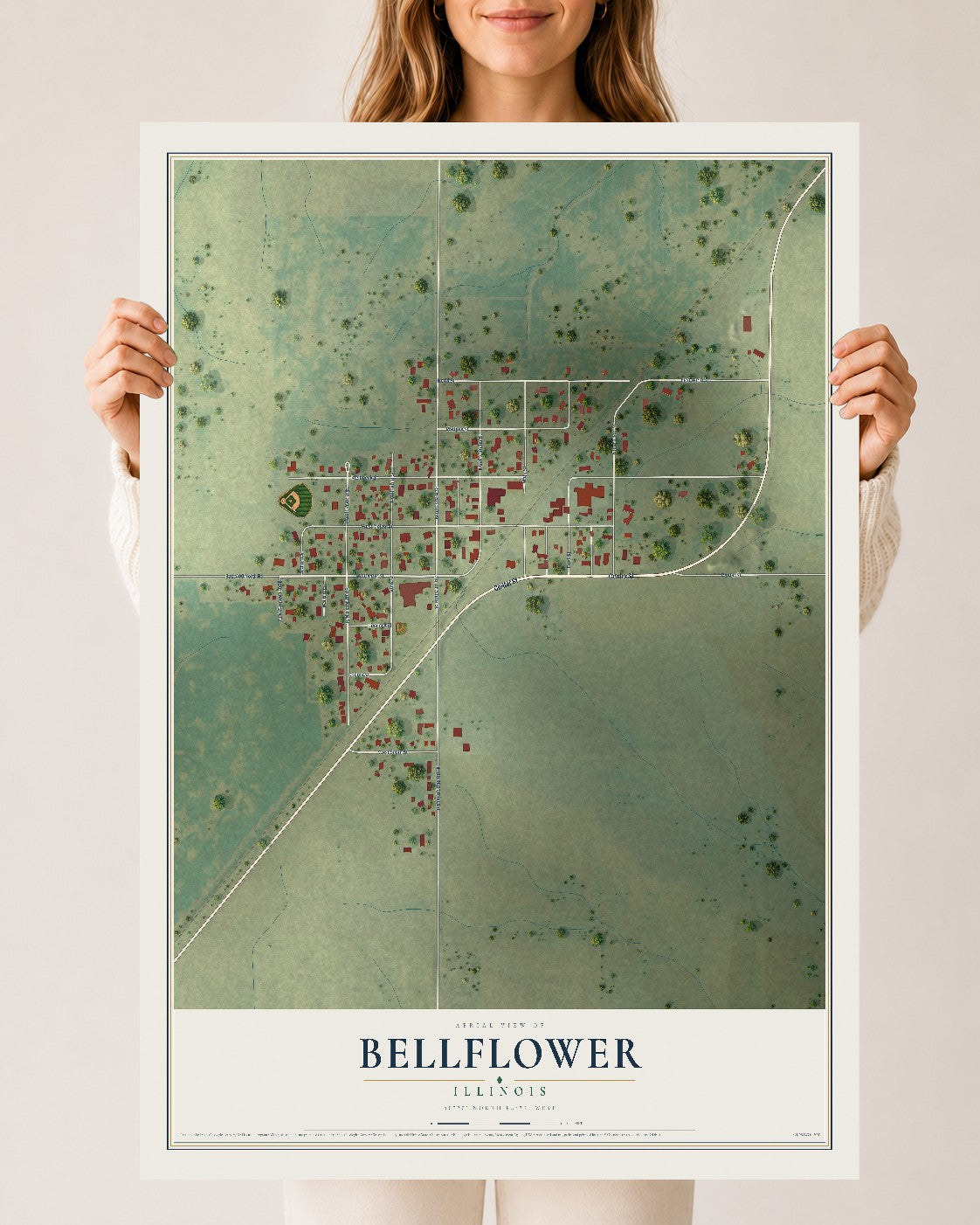 Map of Bellflower, Illinois, 24 x 36 inch unframed archival matte print