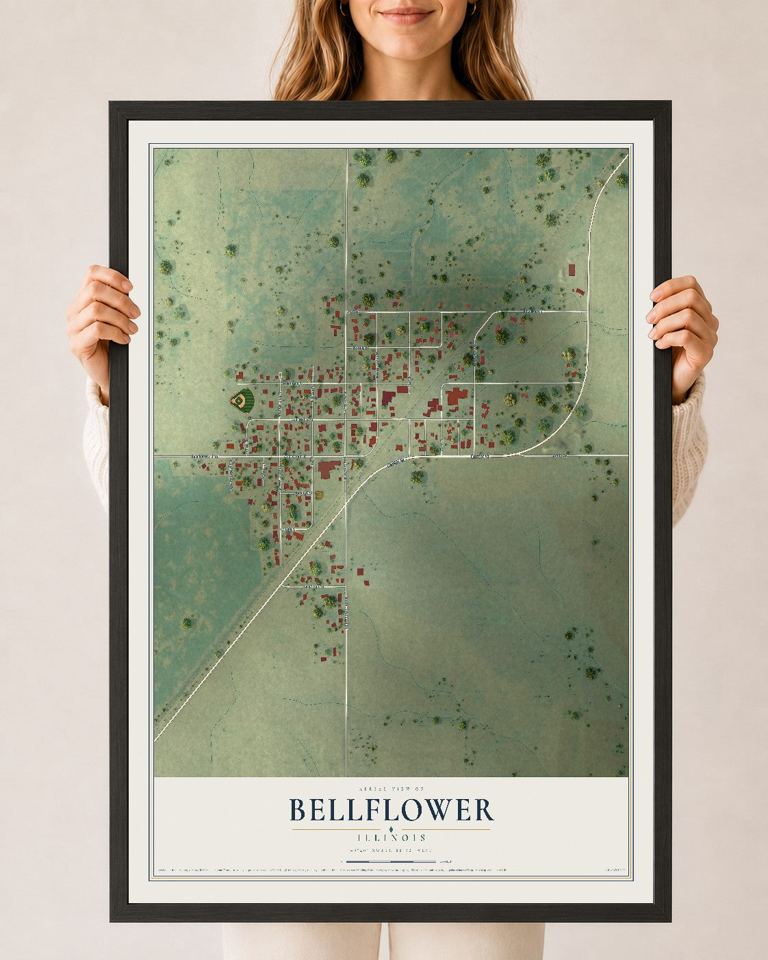 Map of Bellflower, Illinois, 24 x 36 inch print in a black wood frame