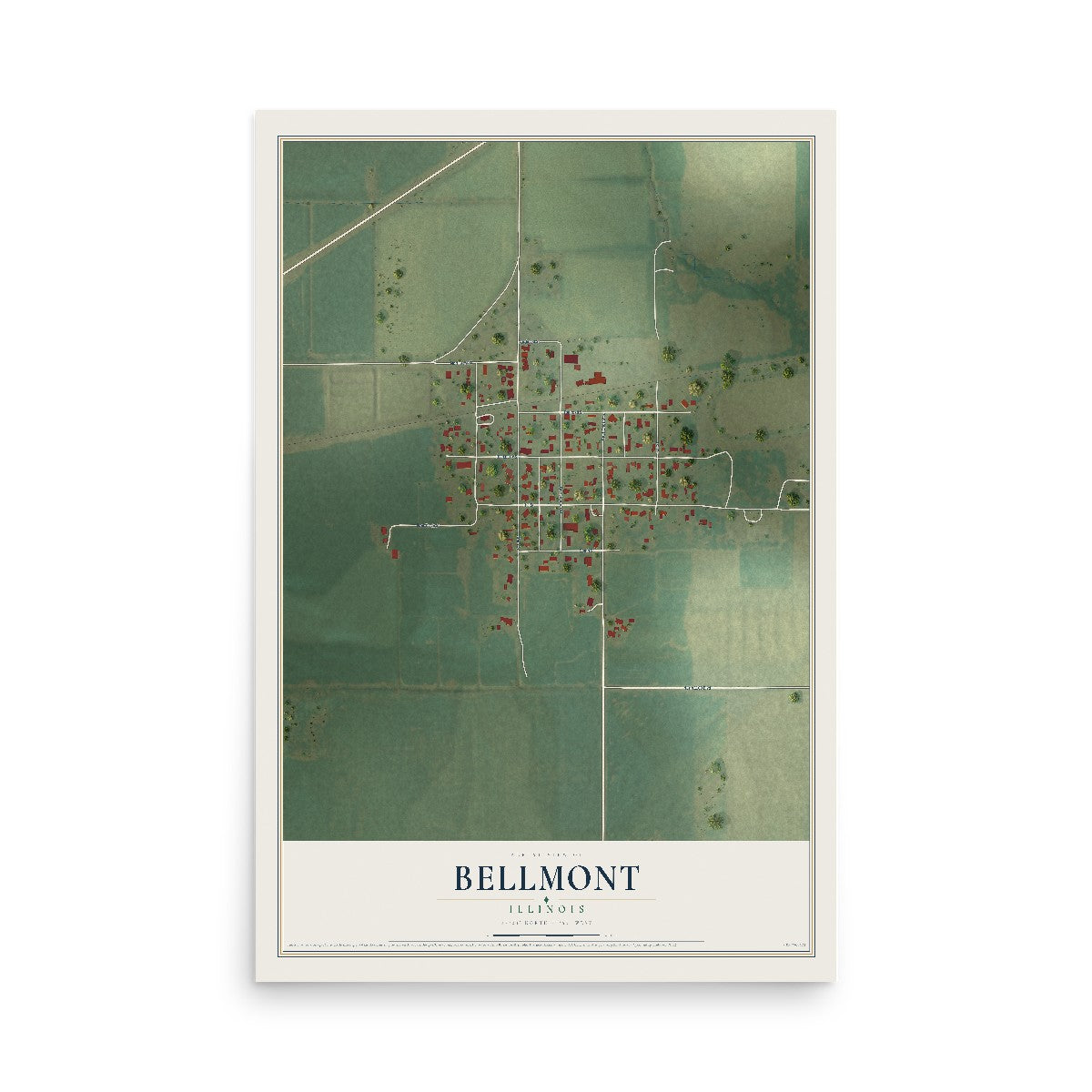 Map of Bellmont, Illinois, 12 x 18 inch unframed archival matte print