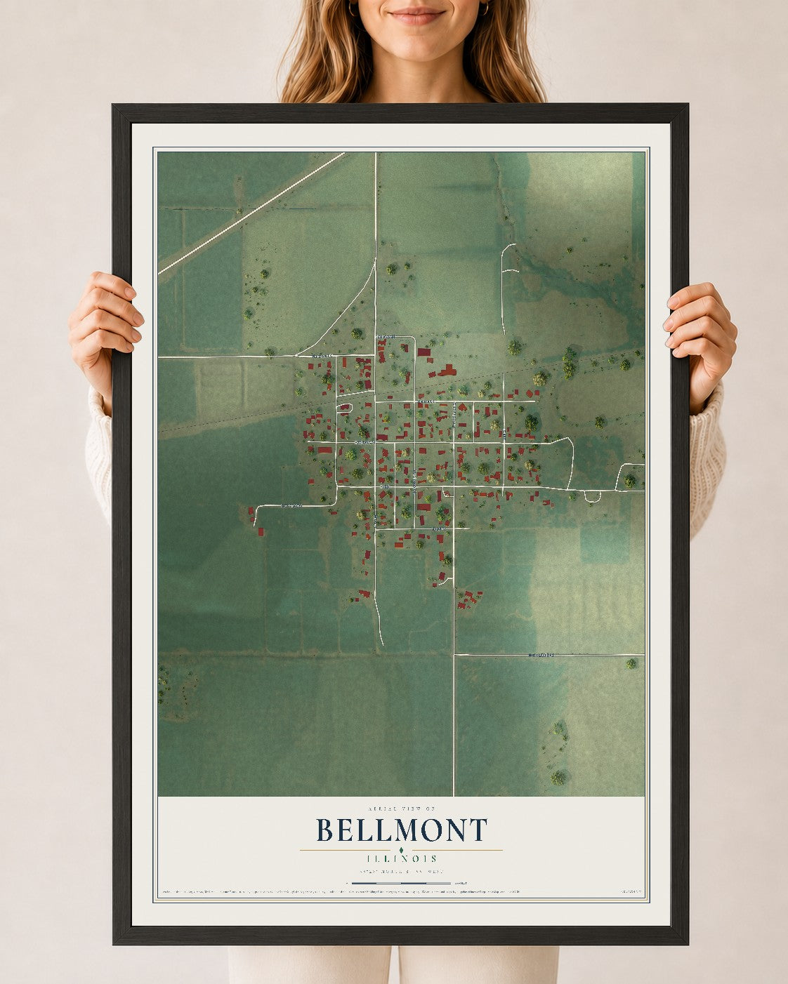 Map of Bellmont, Illinois, 24 x 36 inch print in a black wood frame