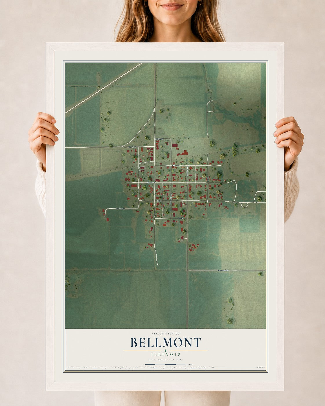 Map of Bellmont, Illinois, 24 x 36 inch print in a white wood frame