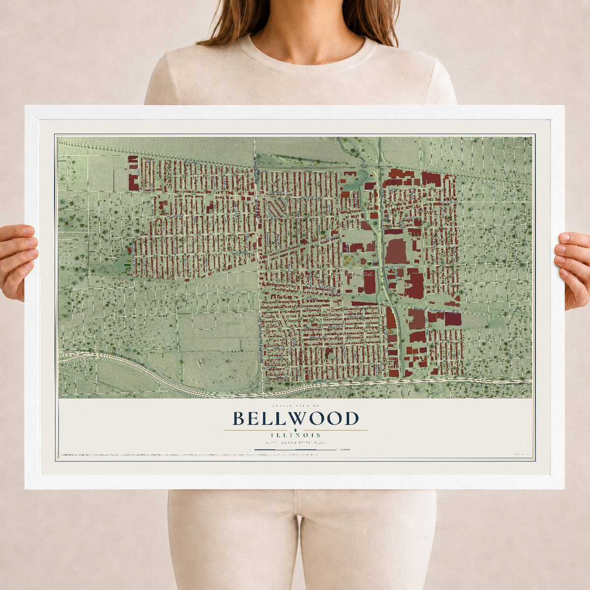 Map of Bellwood, Illinois, 18 x 24 inch print in a white wood frame