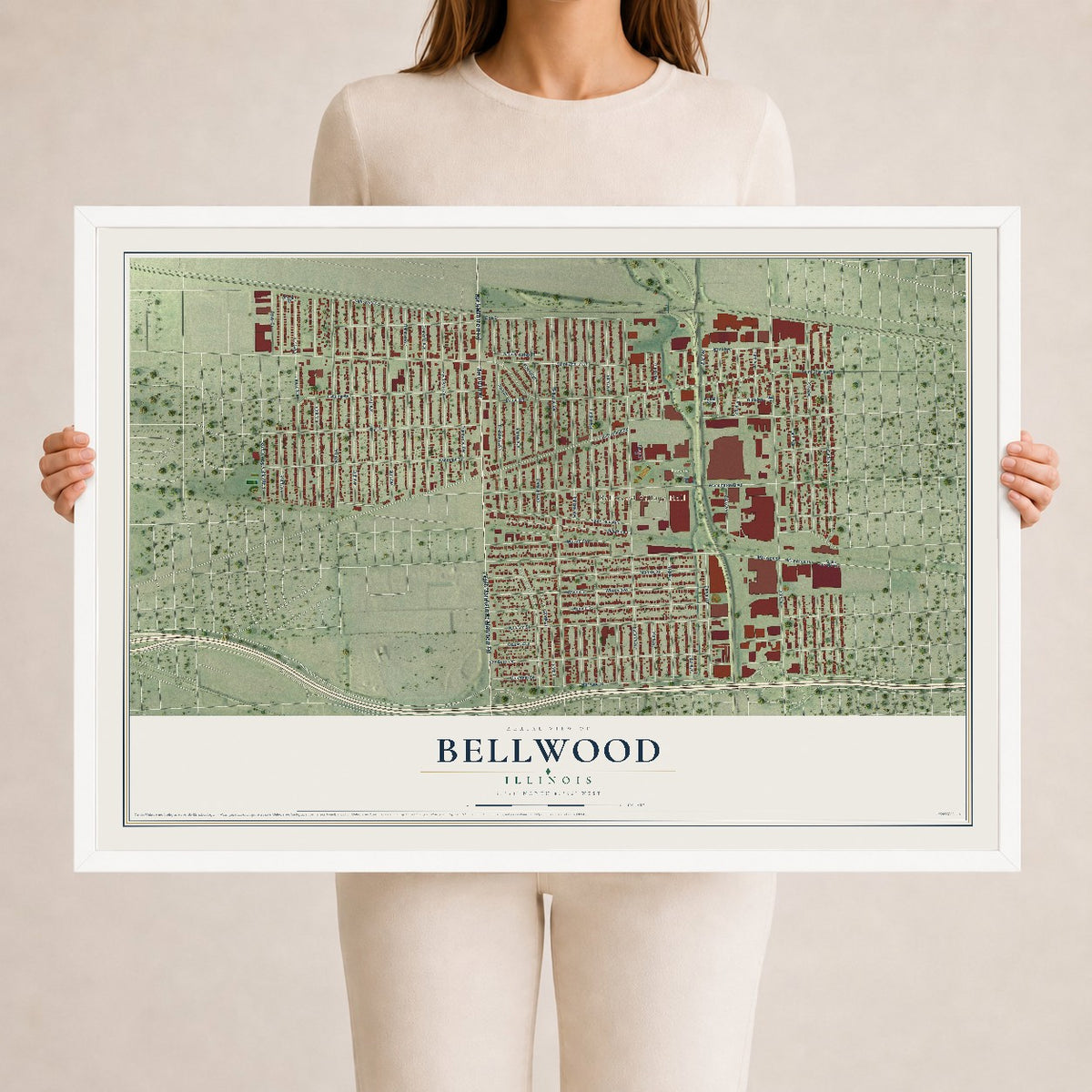 Map of Bellwood, Illinois, 24 x 36 inch print in a white wood frame