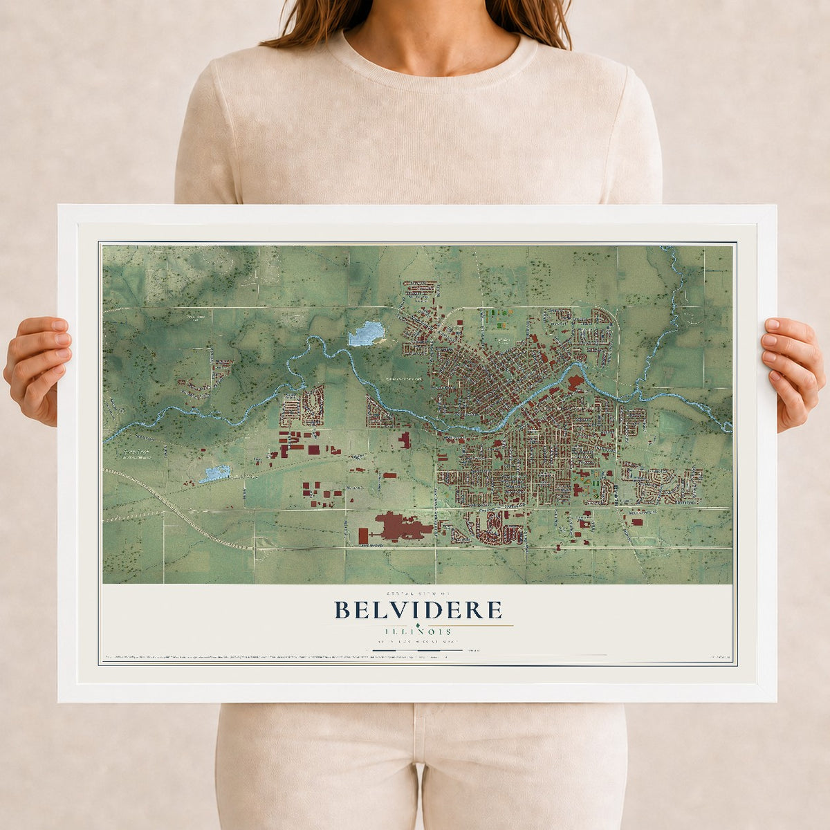 Map of Belvidere, Illinois, 12 x 18 inch print in a white wood frame