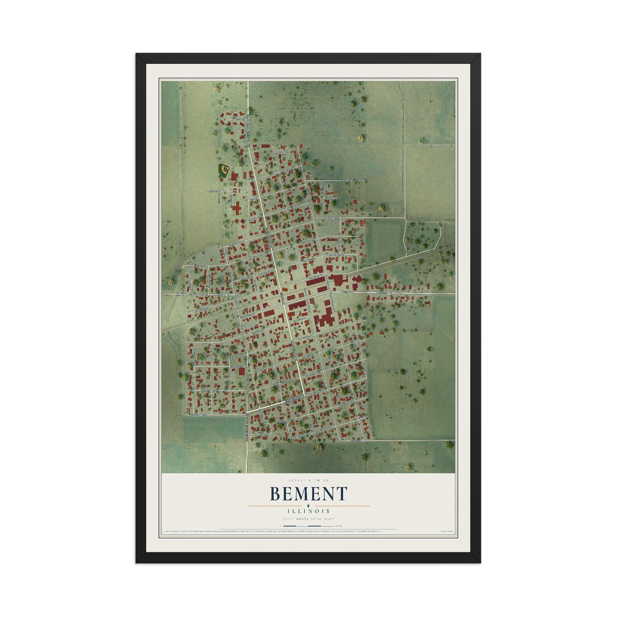 Map of Bement, Illinois, 12 x 18 inch print in a black wood frame