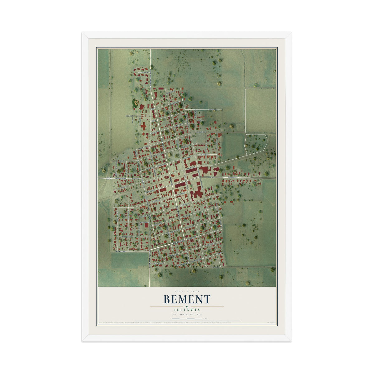 Map of Bement, Illinois, 12 x 18 inch print in a white wood frame