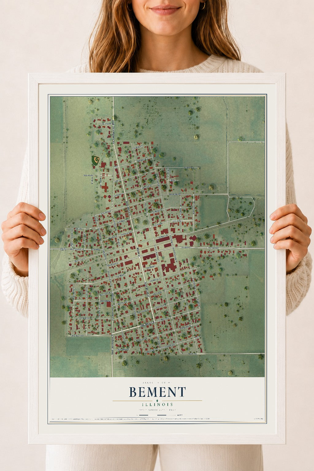 Map of Bement, Illinois, 18 x 24 inch print in a white wood frame