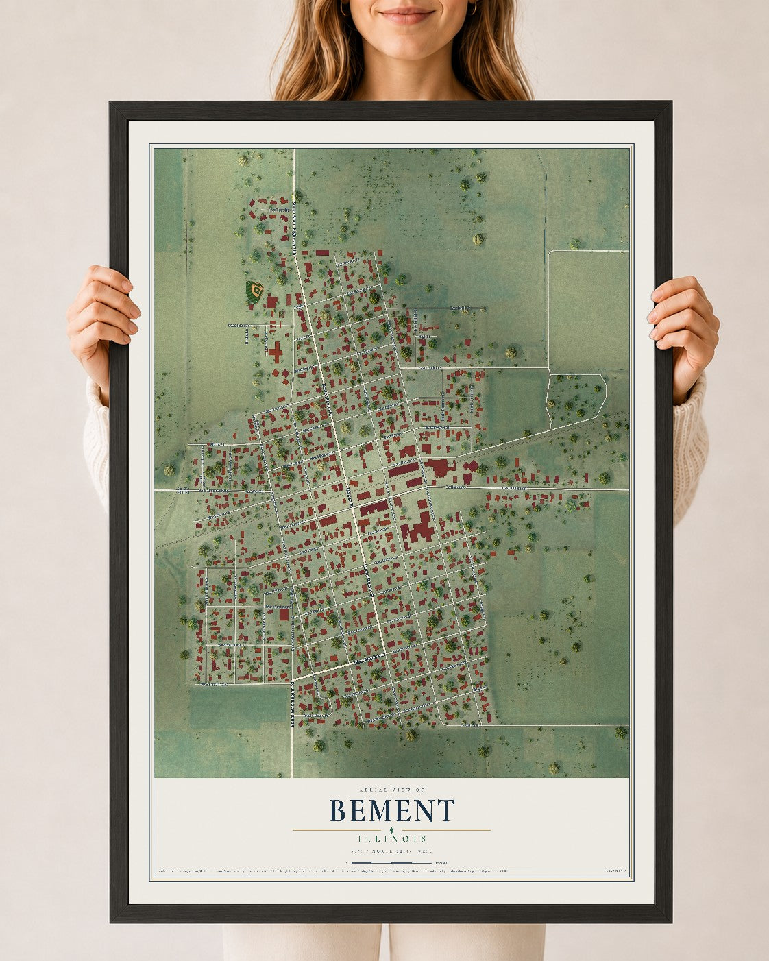 Map of Bement, Illinois, 24 x 36 inch print in a black wood frame