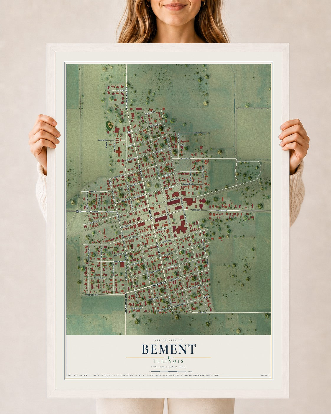 Map of Bement, Illinois, 24 x 36 inch print in a white wood frame