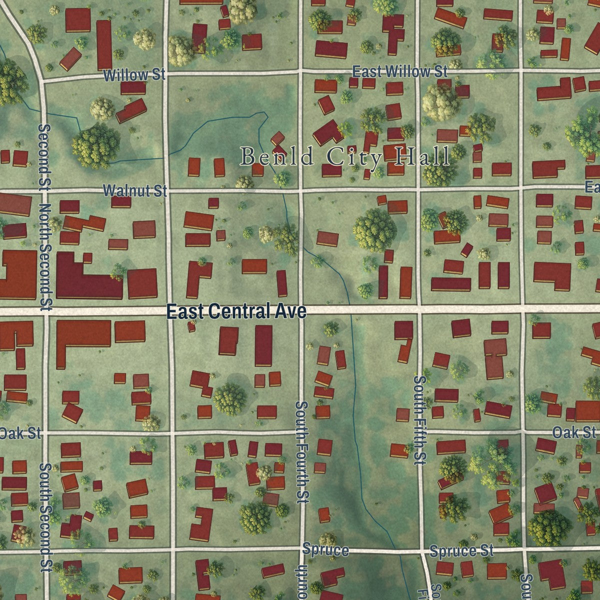 Close-up of the map of Benld, Illinois print showing street and building detail
