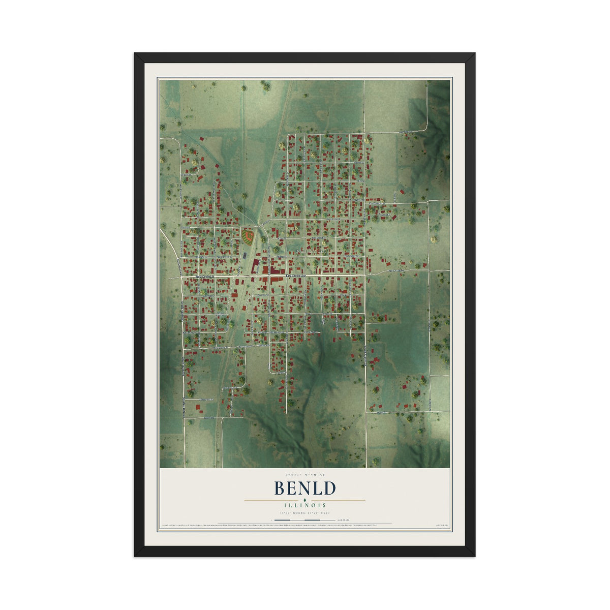 Map of Benld, Illinois, 12 x 18 inch print in a black wood frame