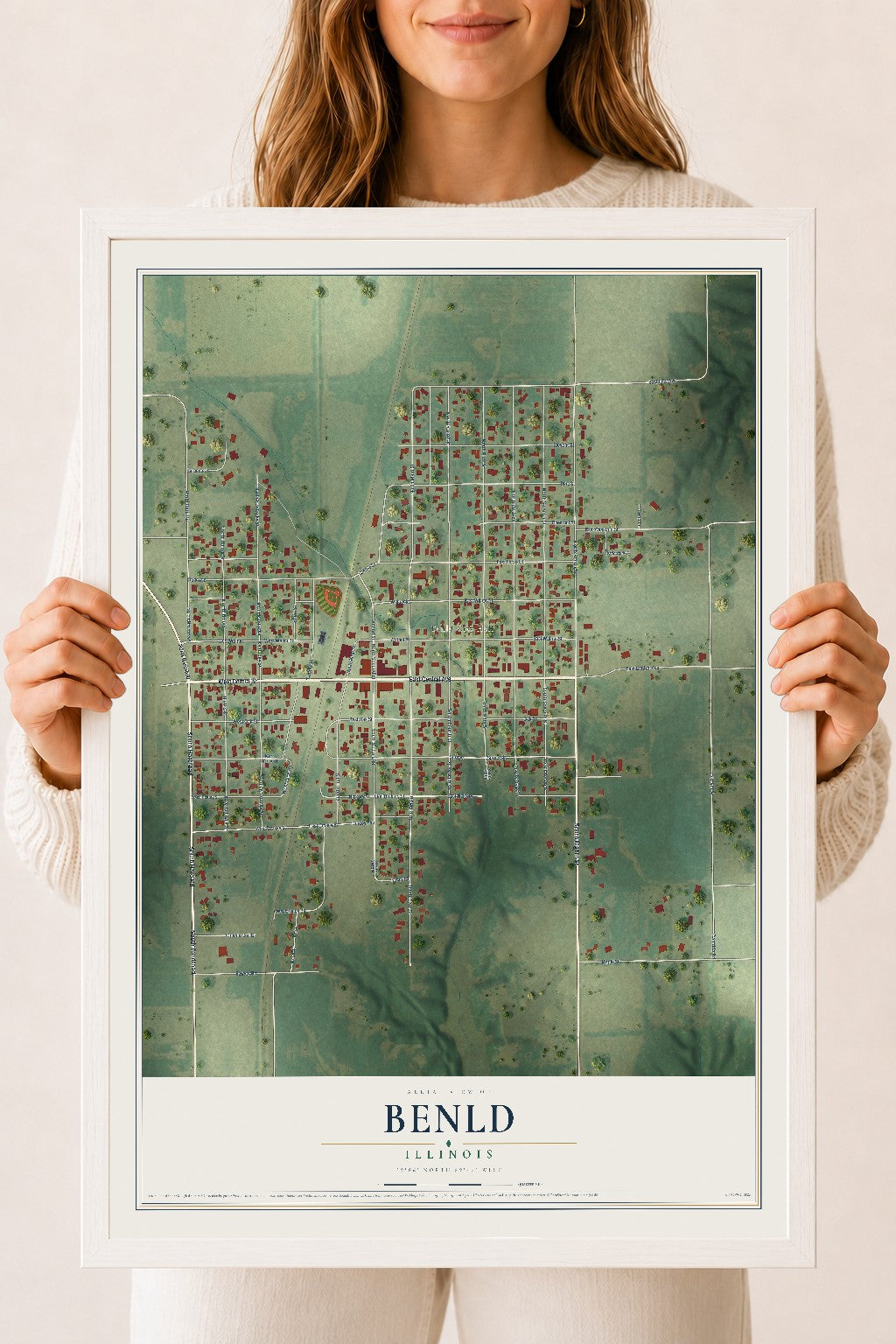 Map of Benld, Illinois, 18 x 24 inch print in a white wood frame