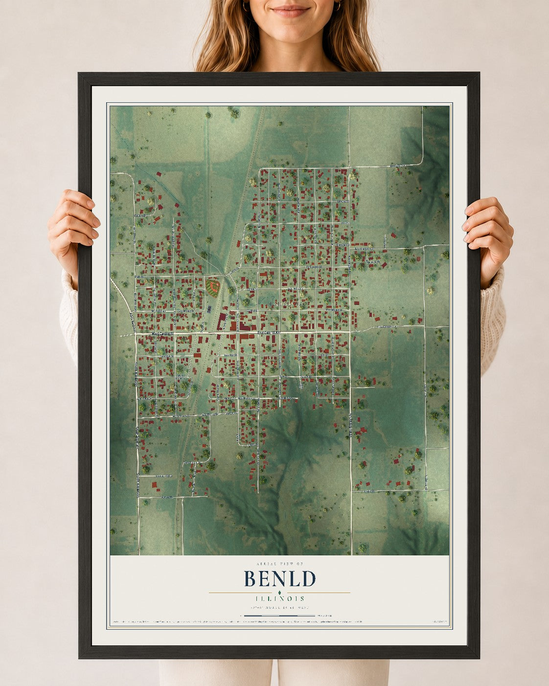 Map of Benld, Illinois, 24 x 36 inch print in a black wood frame