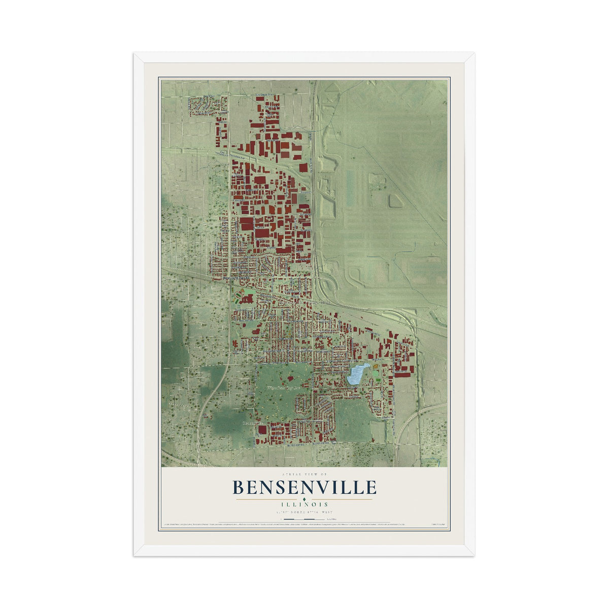 Map of Bensenville, Illinois, 12 x 18 inch print in a white wood frame