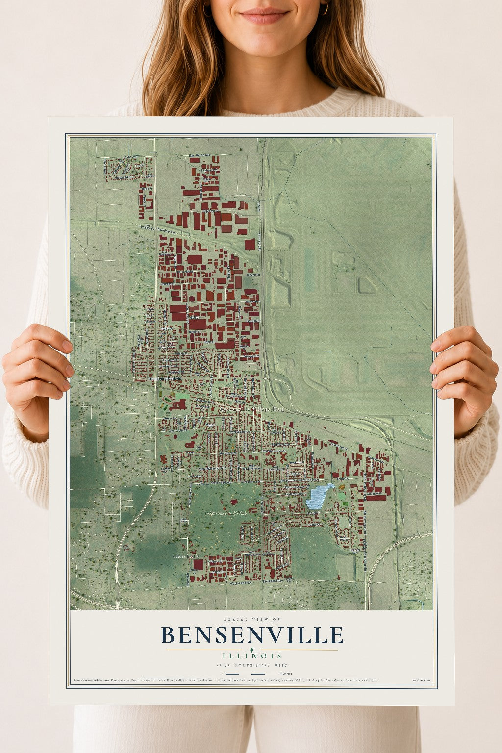 Map of Bensenville, Illinois, 18 x 24 inch unframed archival matte print